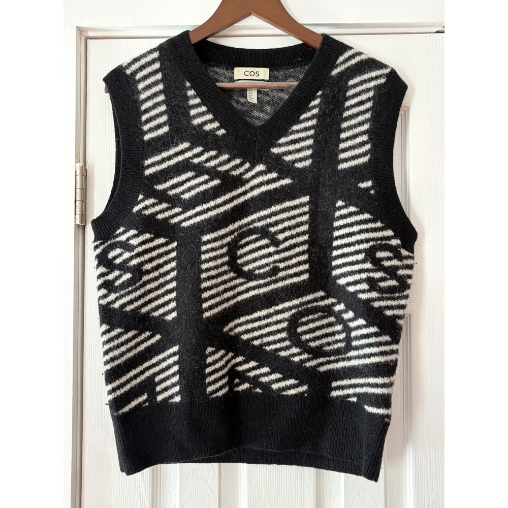 COS Mens Alpaca Wool Blend Geometric Intarsia V-Neck Sweater Vest Black White XS